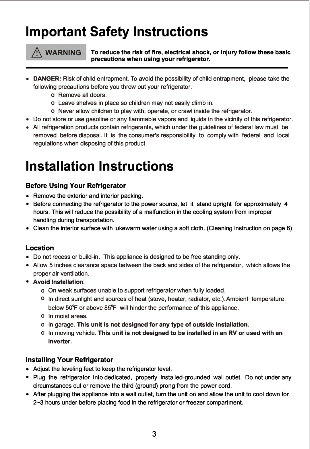 Magic Chef MCBR510W Important Safety Instructions, Installation Instructions, Before Using Your Refrigerator, Location 