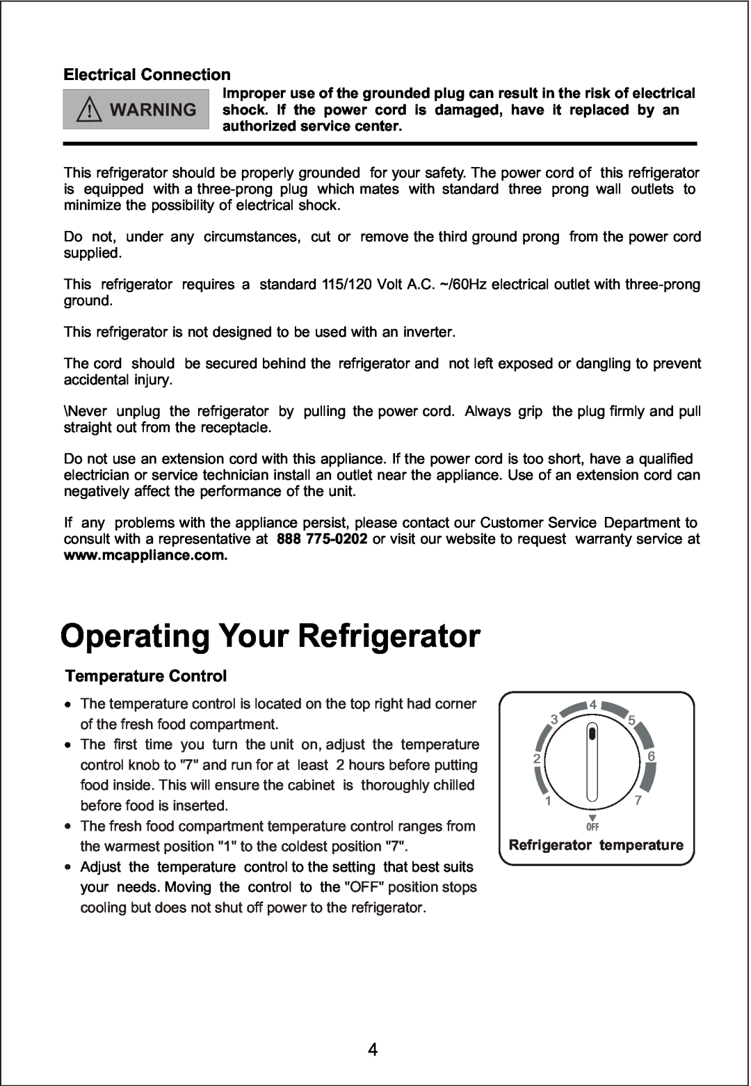 Magic Chef MCBR510W Operating Your Refrigerator, Electrical Connection, Temperature Control, Refrigerator temperature 