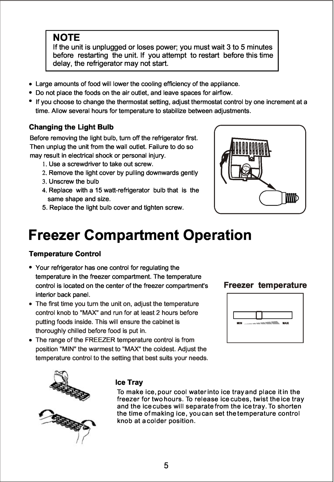 Magic Chef MCBR510W Freezer Compartment Operation, Freezer temperature, Changing the Light Bulb, Temperature Control 