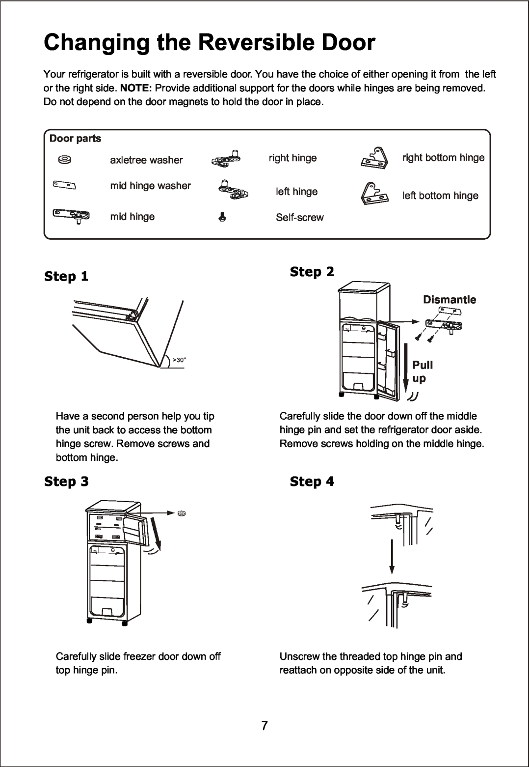 Magic Chef MCBR510W important safety instructions Changing the Reversible Door, Step, Door parts, Dismantle, Pull up 