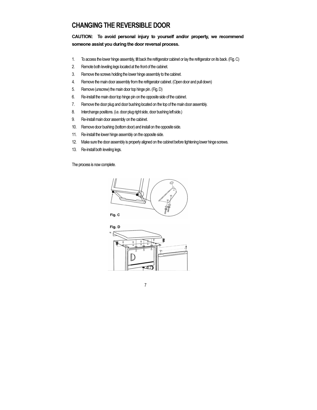 Magic Chef MCBR980W instruction manual Changing the Reversible Door 