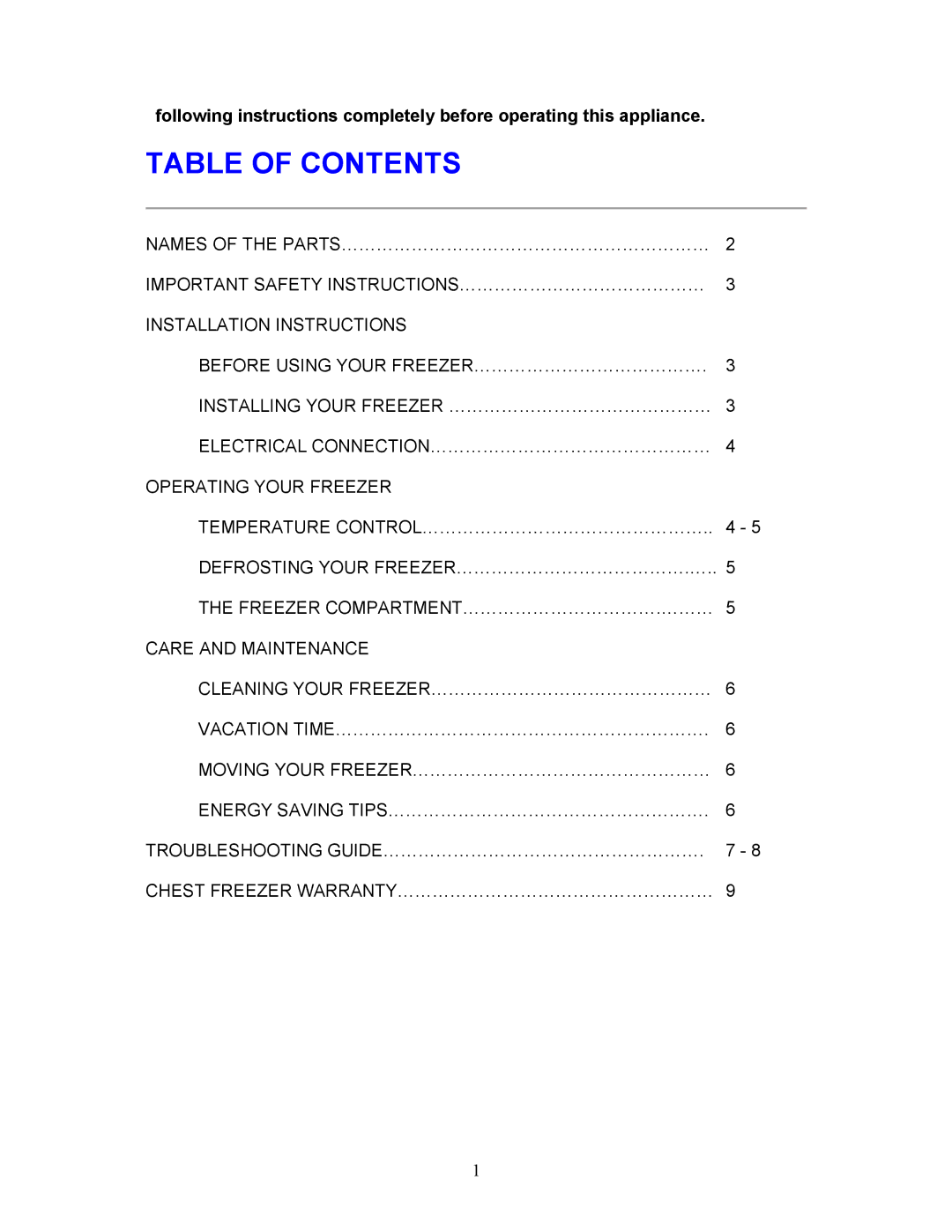 Magic Chef MCCF35WBX instruction manual Table of Contents 