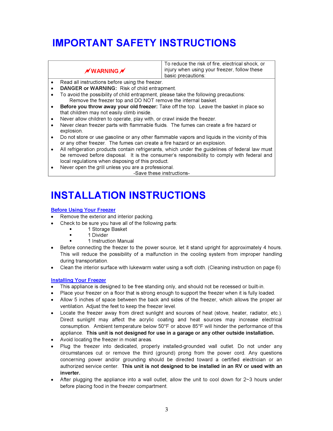 Magic Chef MCCF35WBX instruction manual Important Safety Instructions, Installation Instructions, Before Using Your Freezer 