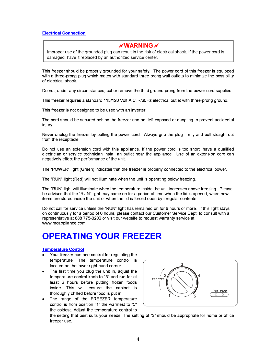 Magic Chef MCCF35WBX instruction manual Operating Your Freezer, Electrical Connection, Temperature Control 