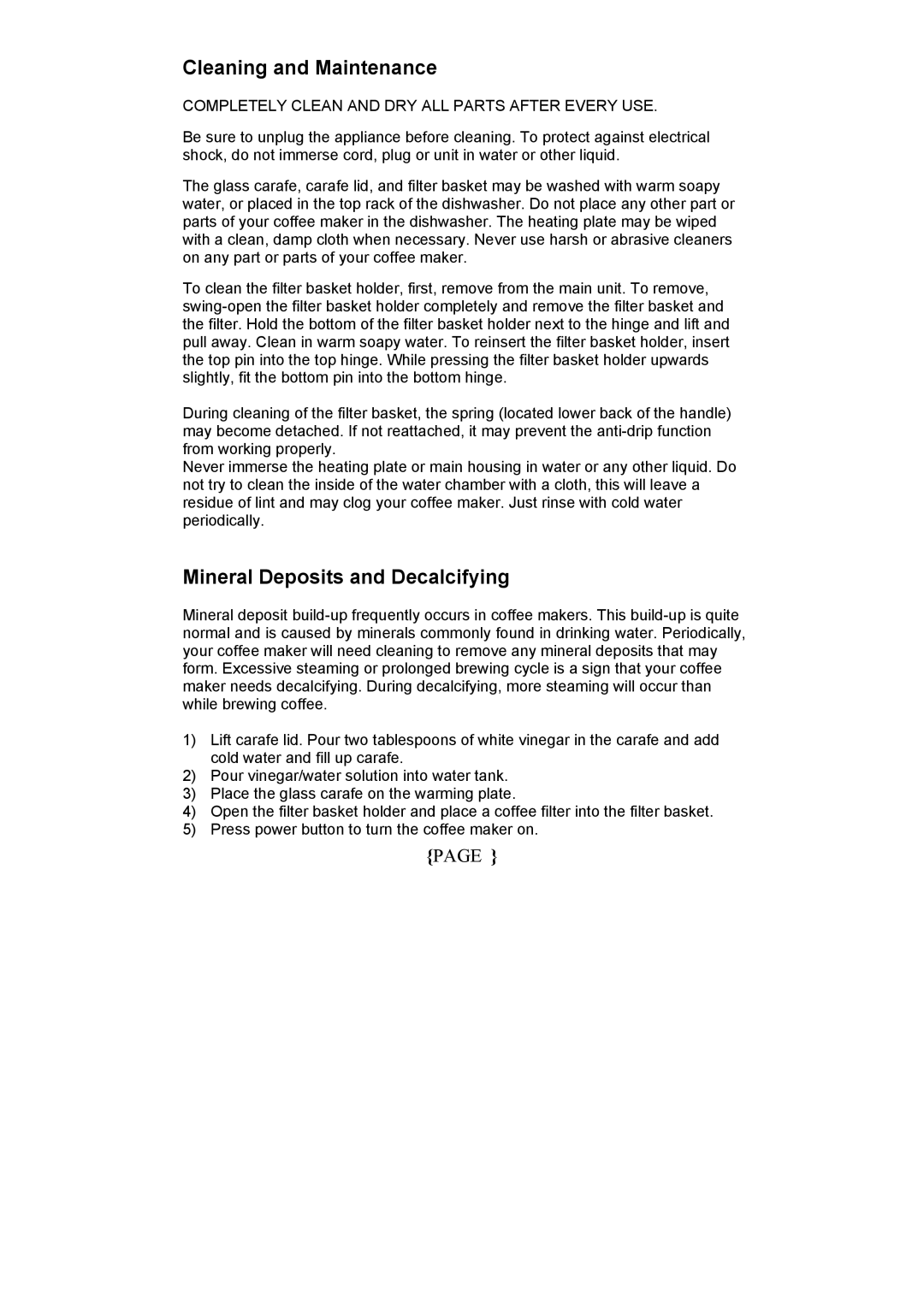 Magic Chef MCCM1NB12, MCCM1NW12 manual Mineral Deposits and Decalcifying, Completely Clean and DRY ALL Parts After Every USE 