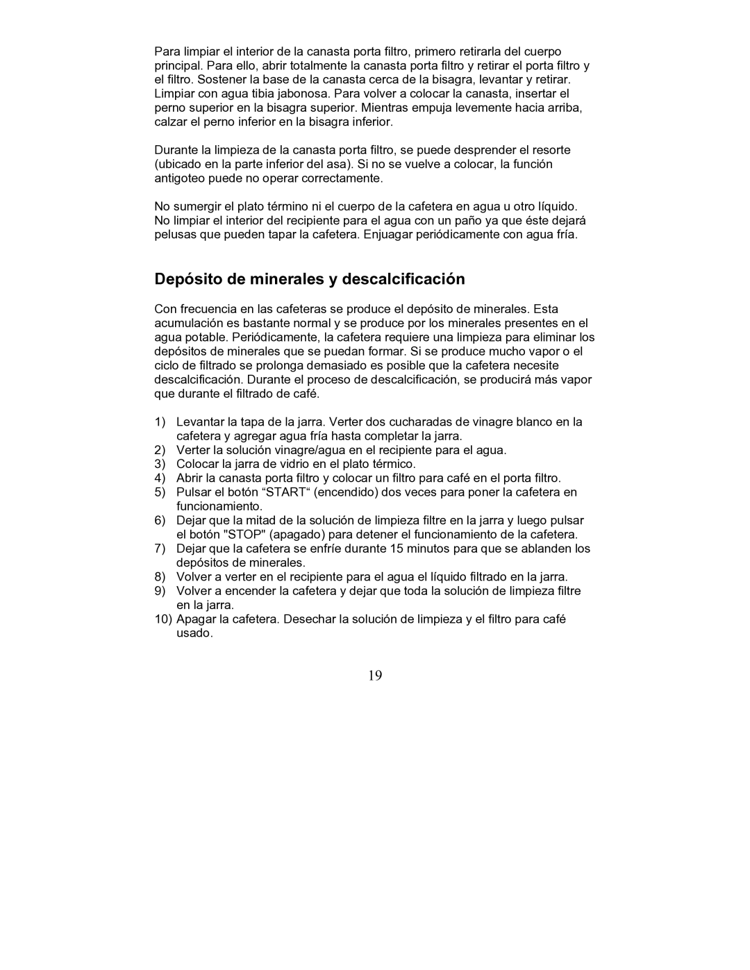 Magic Chef MCCM1TW12, MCCM1TB12 operating instructions Depósito de minerales y descalcificación 