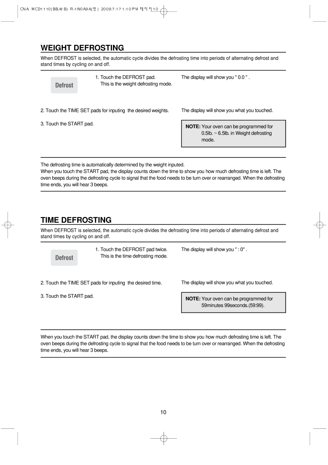 Magic Chef MCD1110WB manual Weight Defrosting, Time Defrosting 