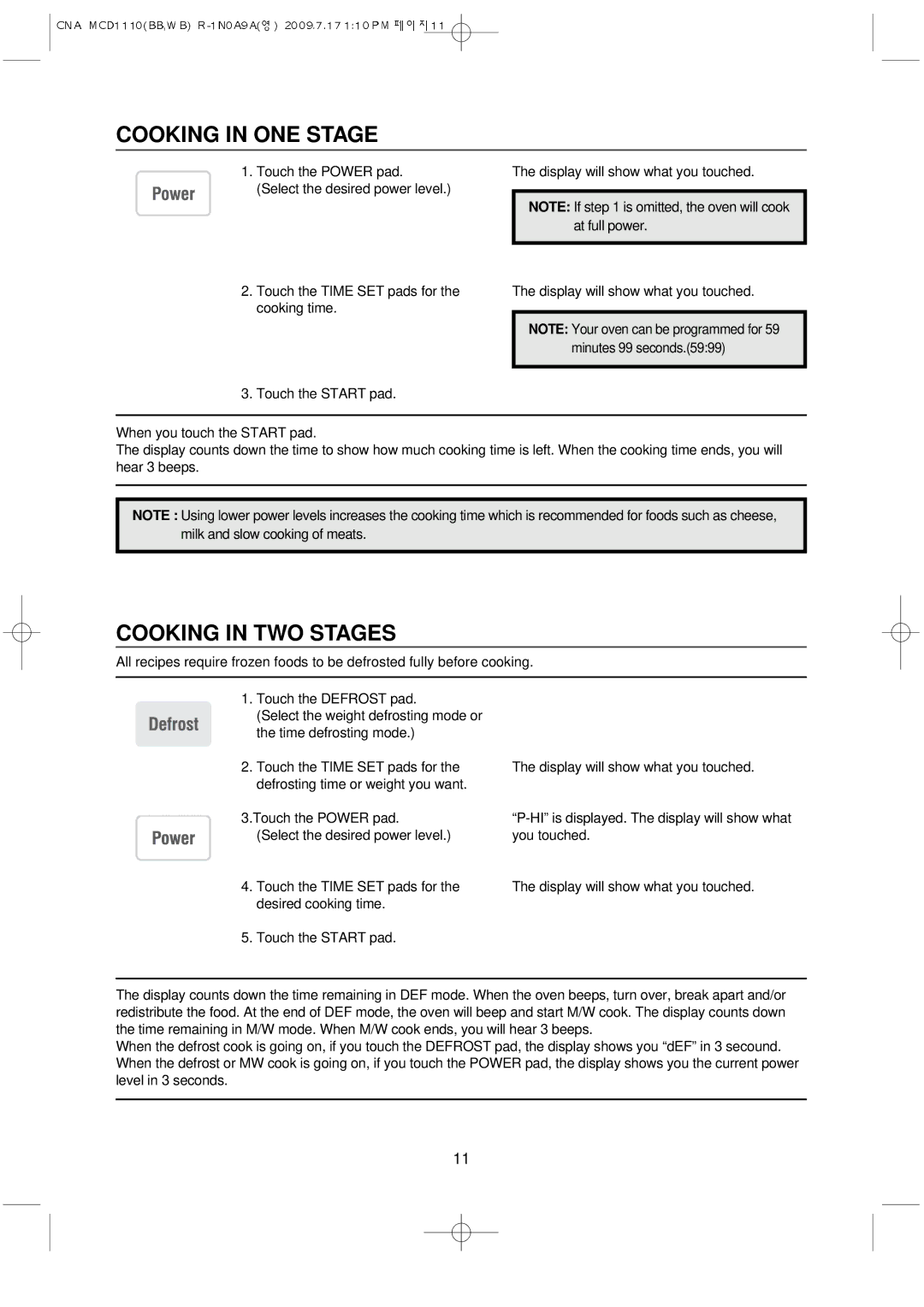 Magic Chef MCD1110WB manual Cooking in ONE Stage, Cooking in TWO Stages 