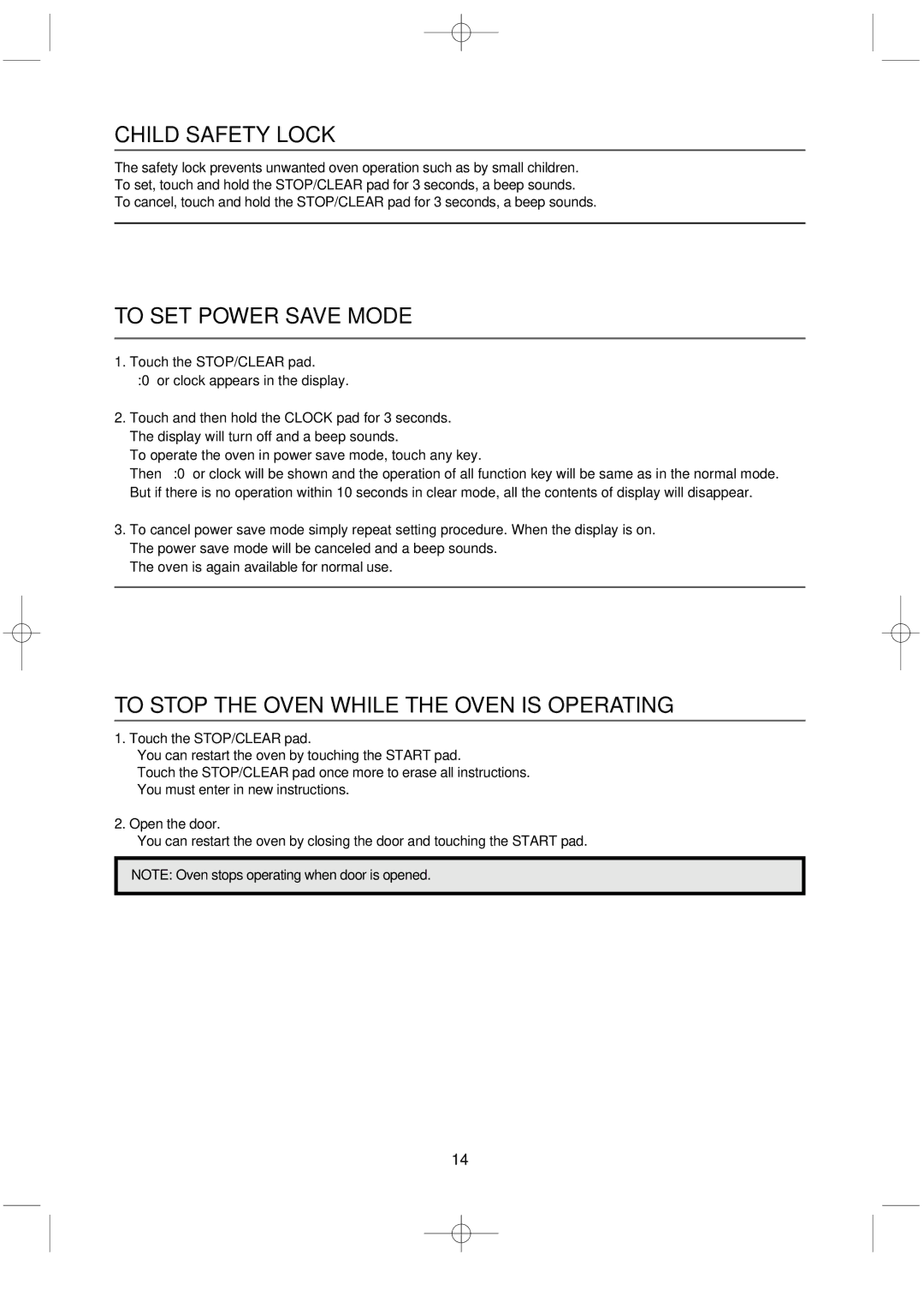 Magic Chef MCD1110WB manual Child Safety Lock, To SET Power Save Mode, To Stop the Oven While the Oven is Operating 