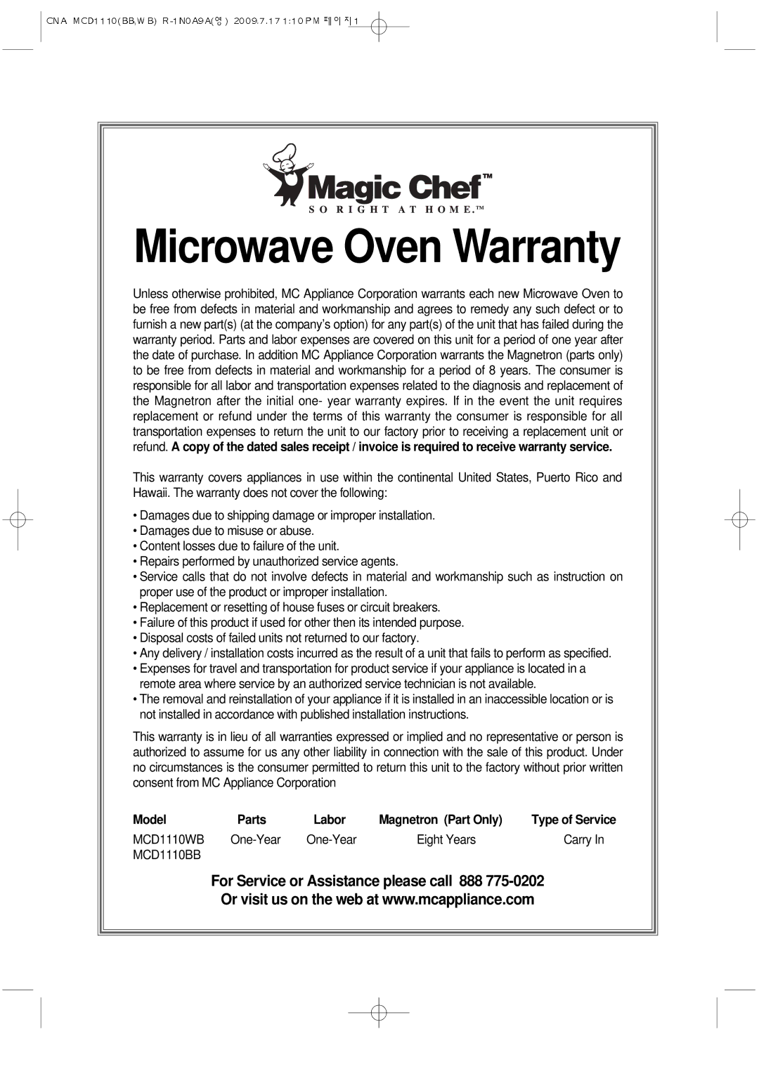 Magic Chef MCD1110WB manual Microwave Oven Warranty, Type of Service 