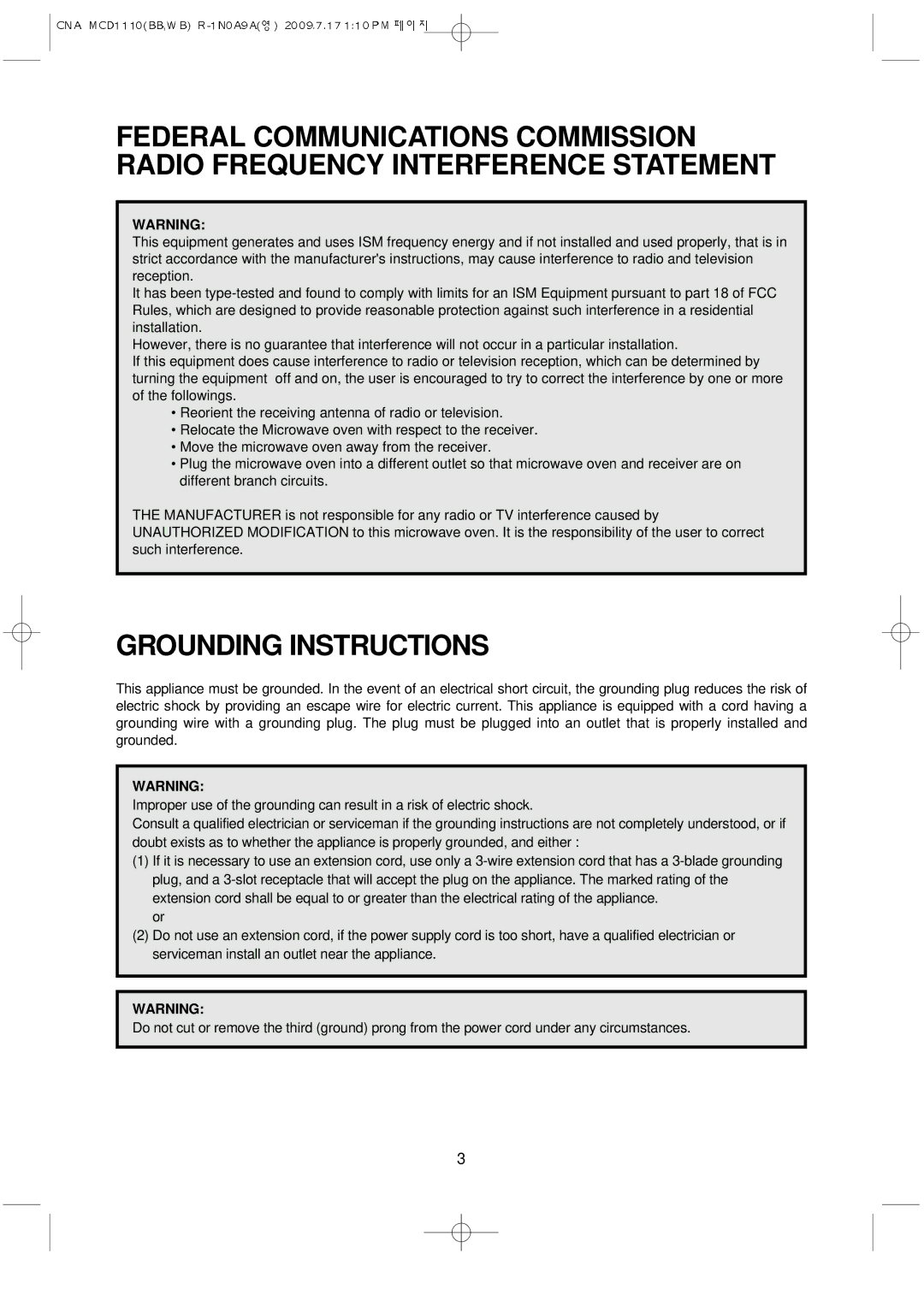 Magic Chef MCD1110WB manual Grounding Instructions 