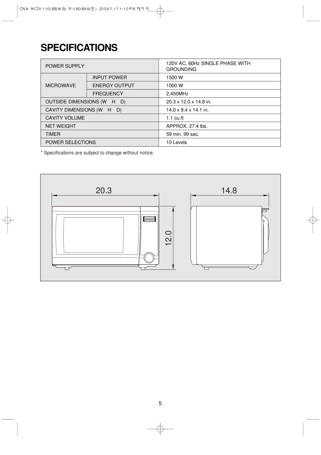 Magic Chef MCD1110WB manual Specifications 