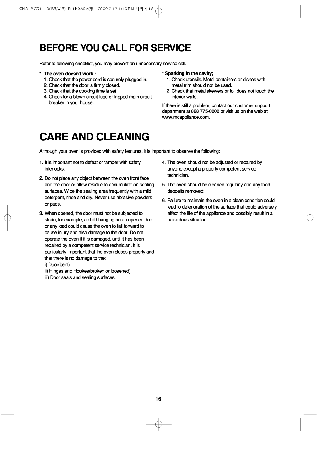 Magic Chef MCD1110WB manual Before You Call For Service, Care And Cleaning 