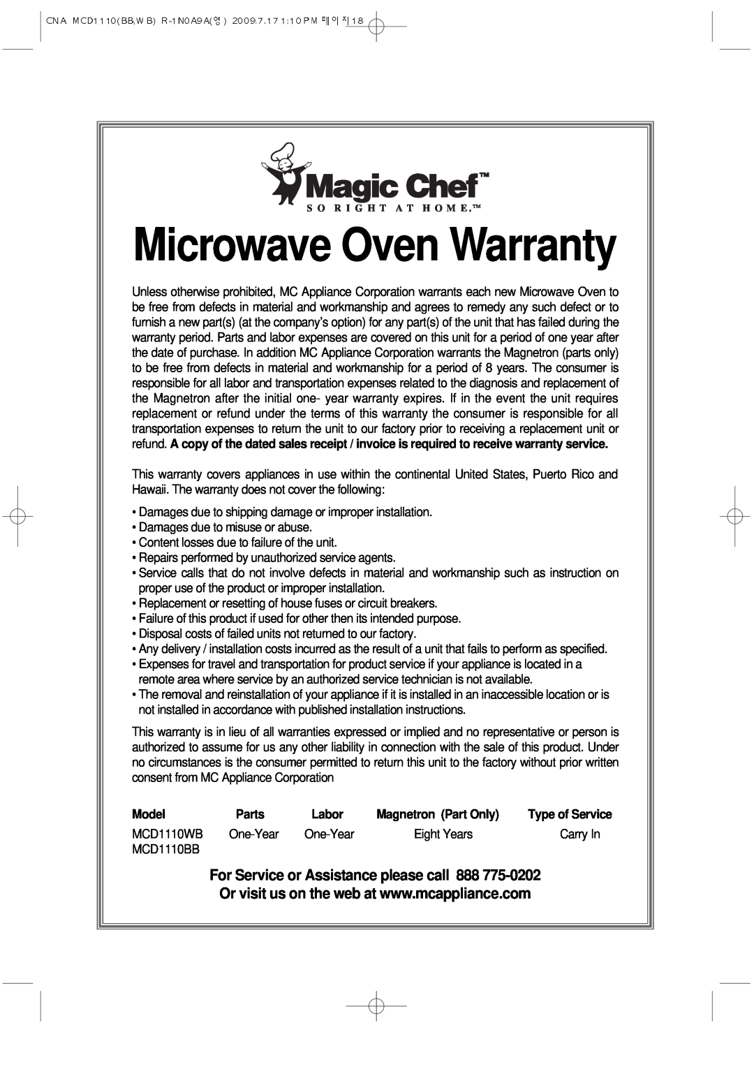 Magic Chef MCD1110WB manual Model, Parts, Labor, Magnetron Part Only, Microwave Oven Warranty 