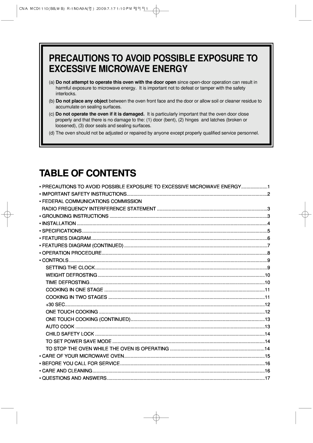 Magic Chef MCD1110WB manual Table Of Contents 