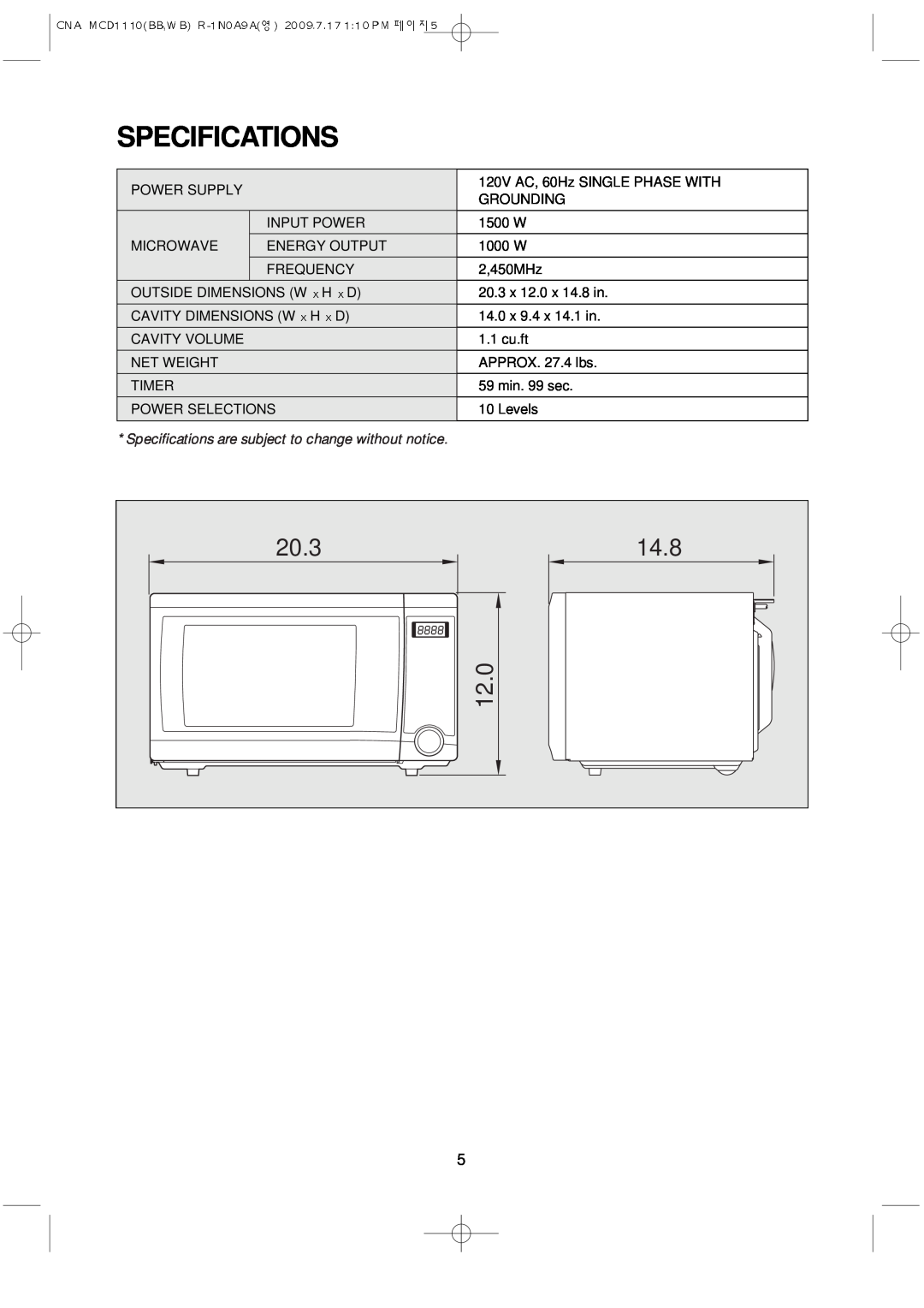 Magic Chef MCD1110WB manual Specifications, 20.3, 14.8, 12.0 
