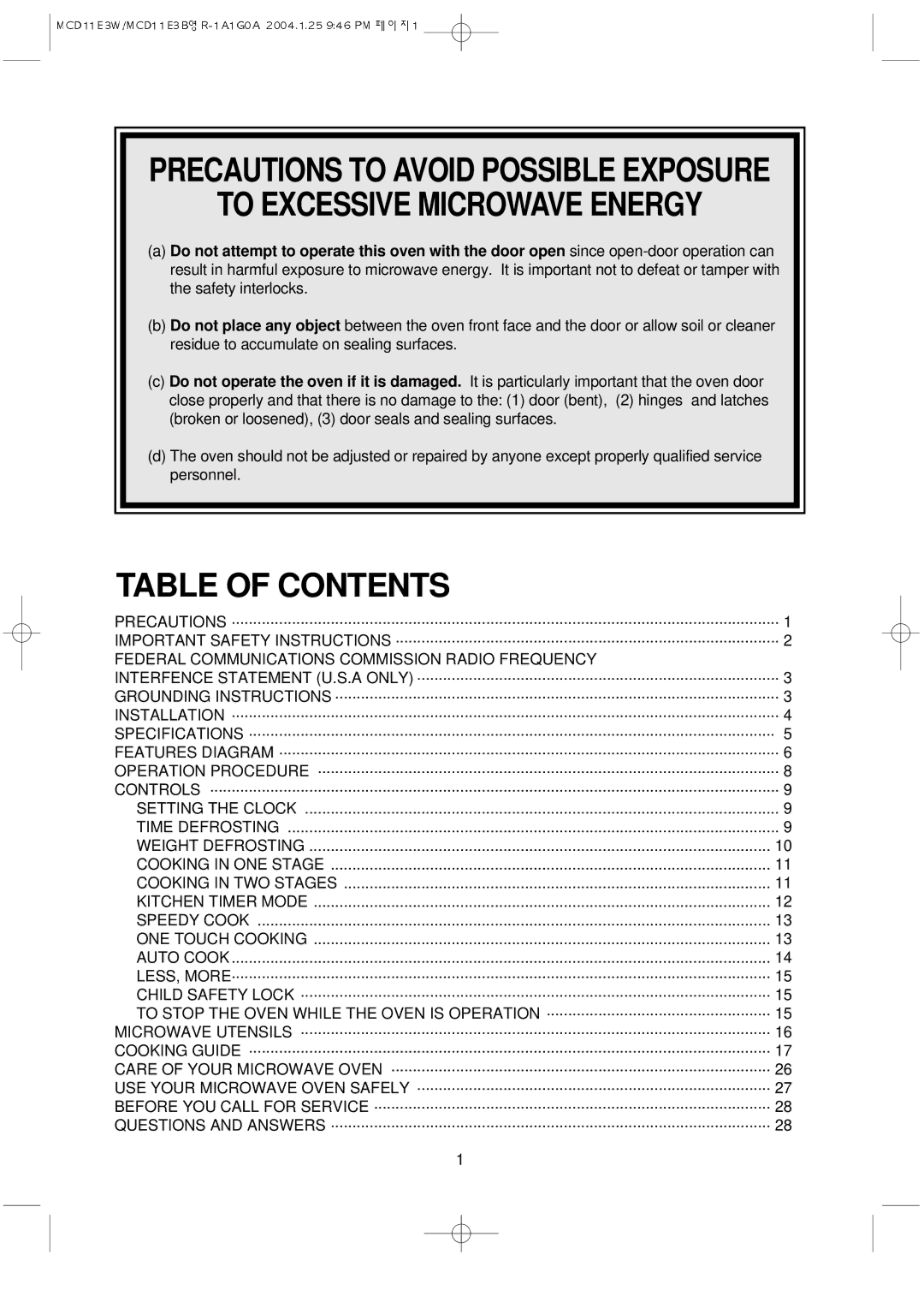 Magic Chef MCD11E3B instruction manual Table of Contents 