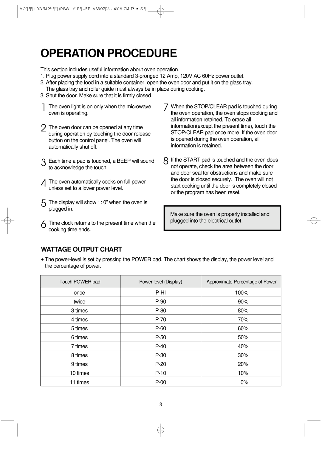 Magic Chef MCD11E3B instruction manual Operation Procedure, Wattage Output Chart 