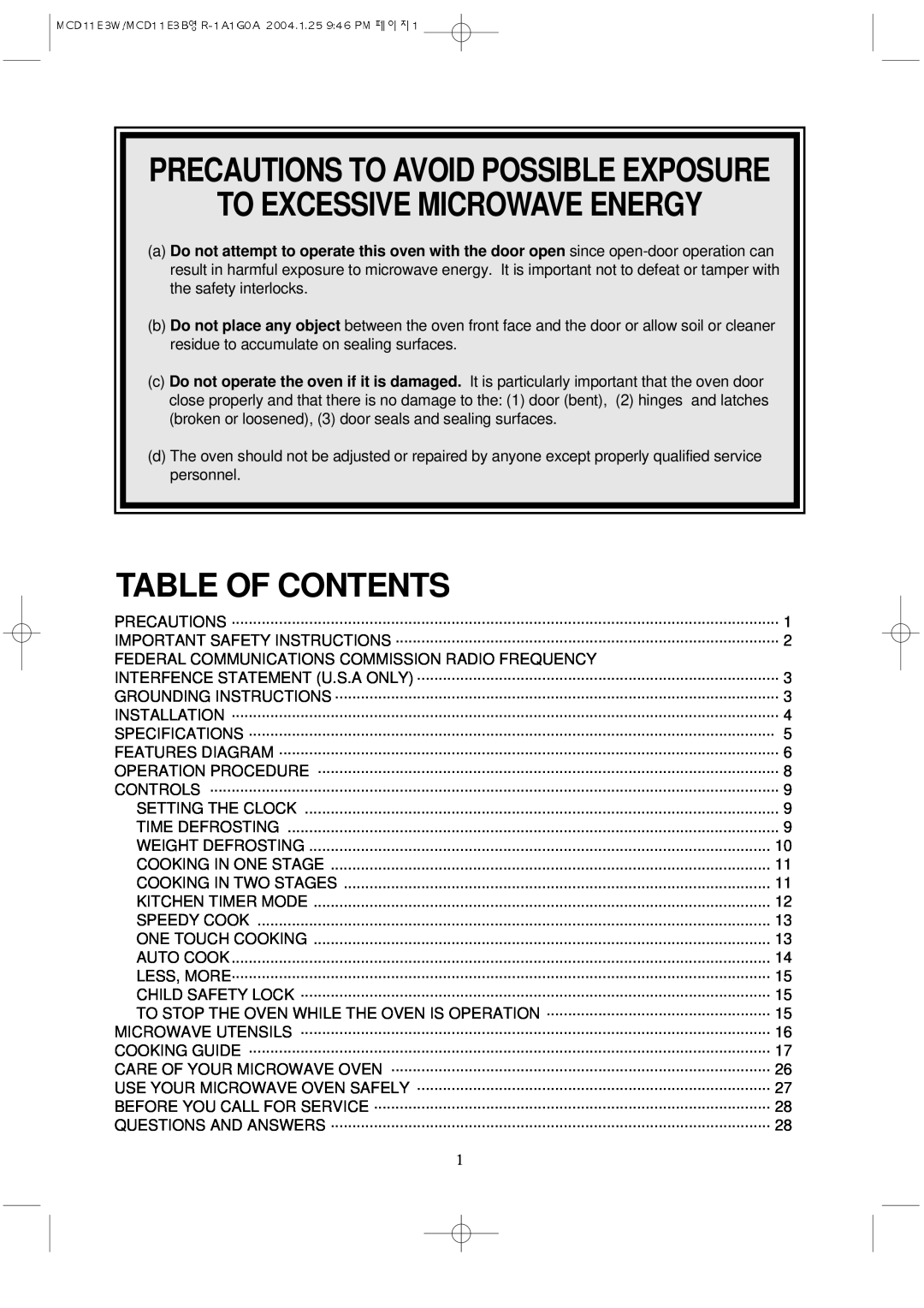 Magic Chef MCD11E3B Precautions To Avoid Possible Exposure, To Excessive Microwave Energy, Table Of Contents 