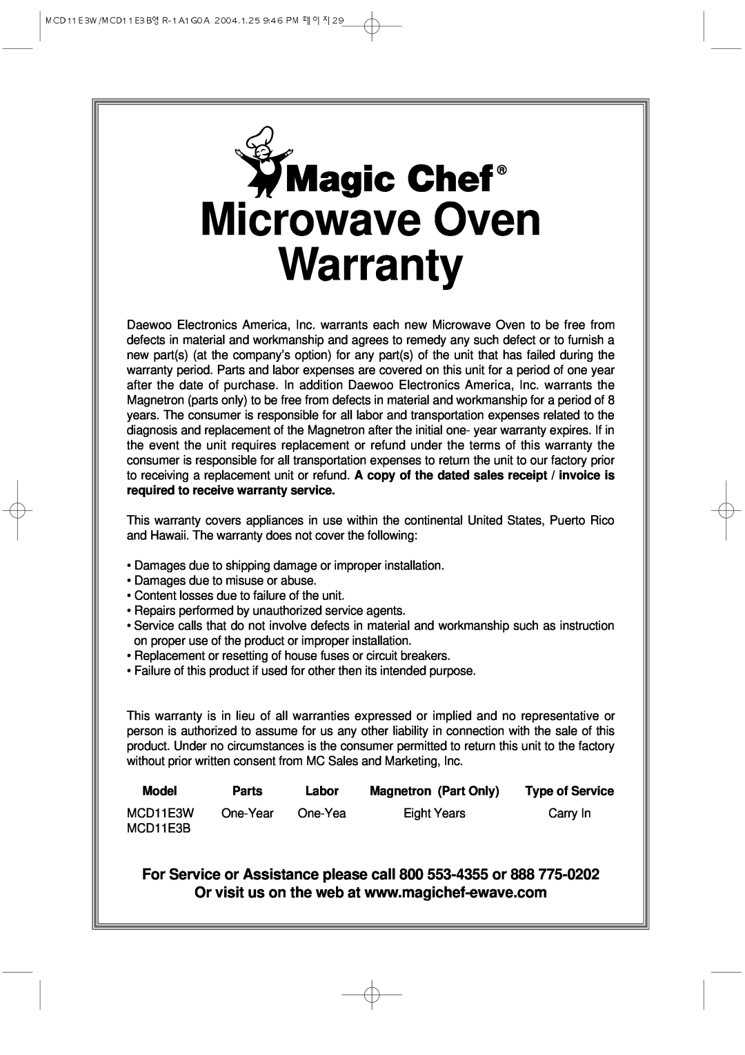 Magic Chef MCD11E3B instruction manual Model, Parts, Microwave Oven Warranty 