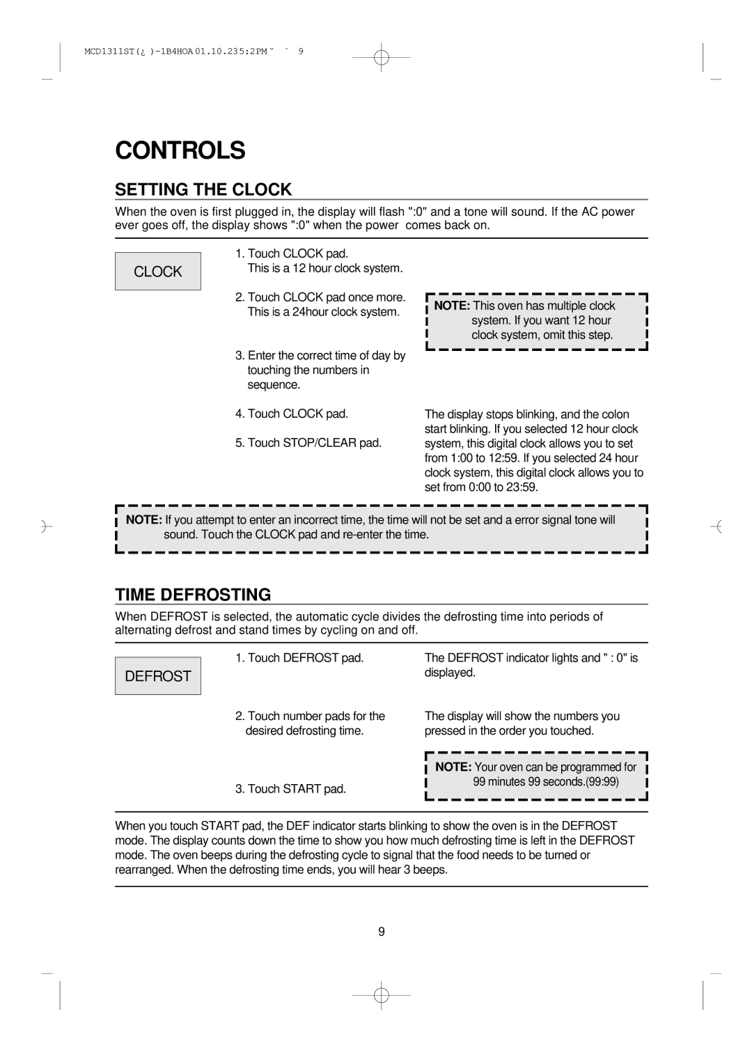 Magic Chef MCD1311ST manual Controls, Setting the Clock, Time Defrosting 