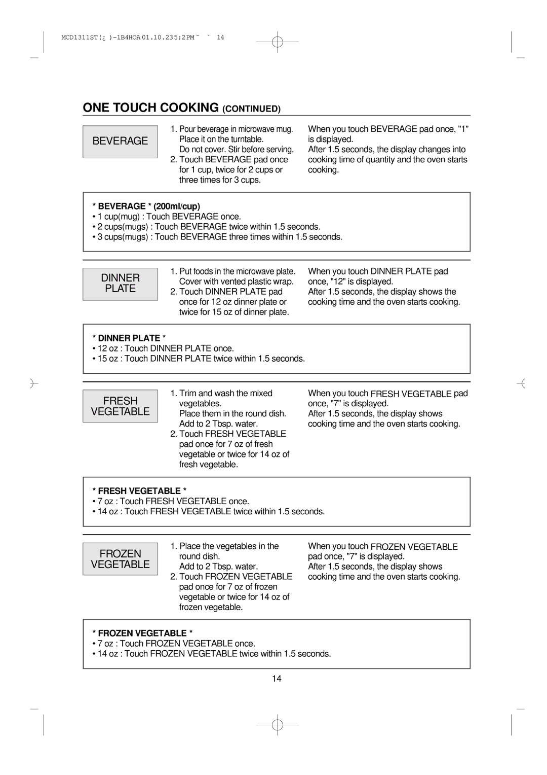 Magic Chef MCD1311ST manual Beverage, Dinner Plate, Fresh Vegetable, Frozen Vegetable 