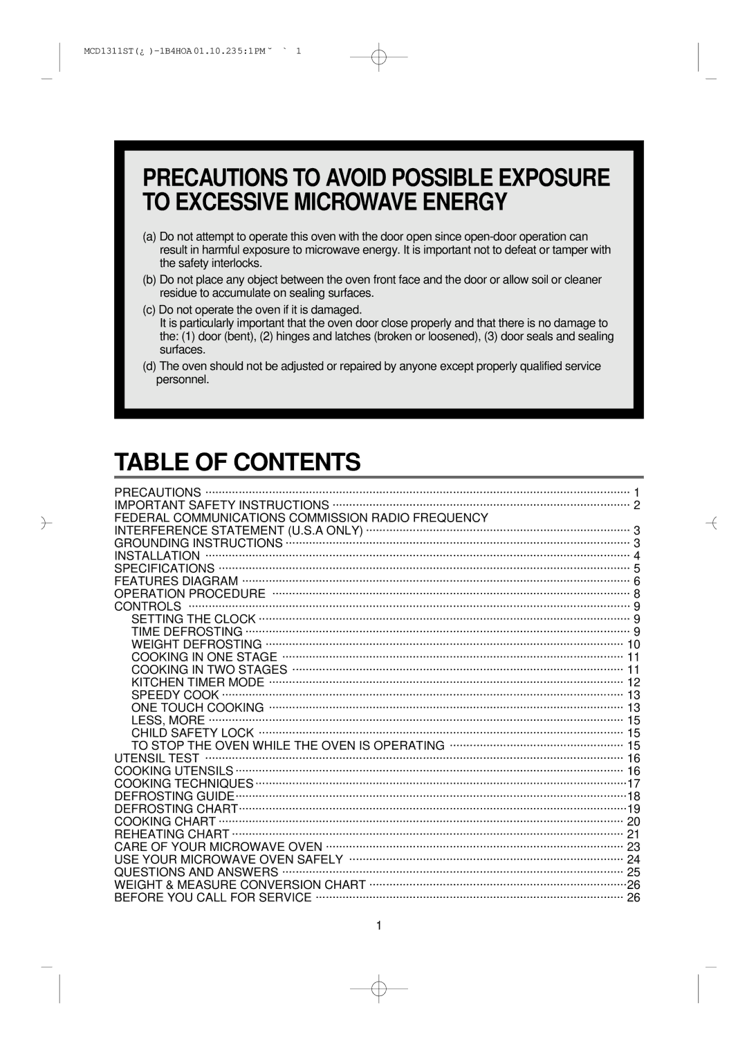 Magic Chef MCD1311ST manual Table of Contents 