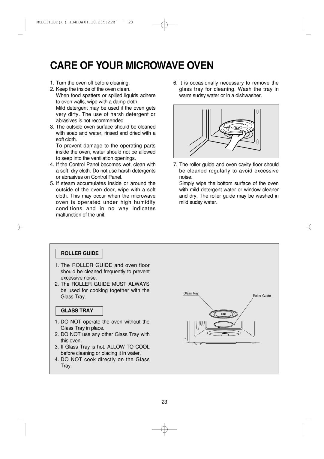 Magic Chef MCD1311ST manual Care of Your Microwave Oven, Roller Guide, Do not cook directly on the Glass Tray 