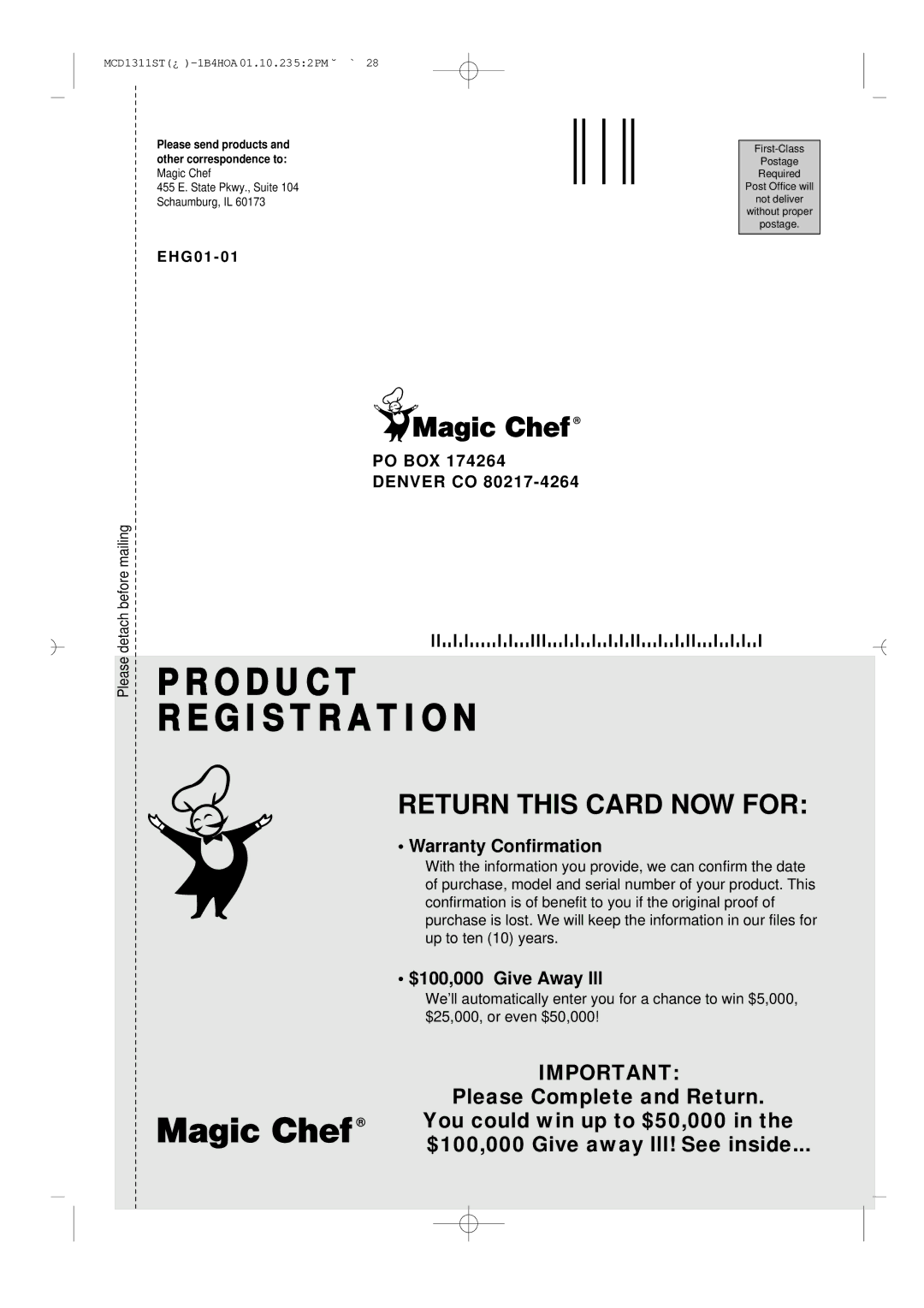 Magic Chef MCD1311ST manual Product Registration, G 0 1 0 