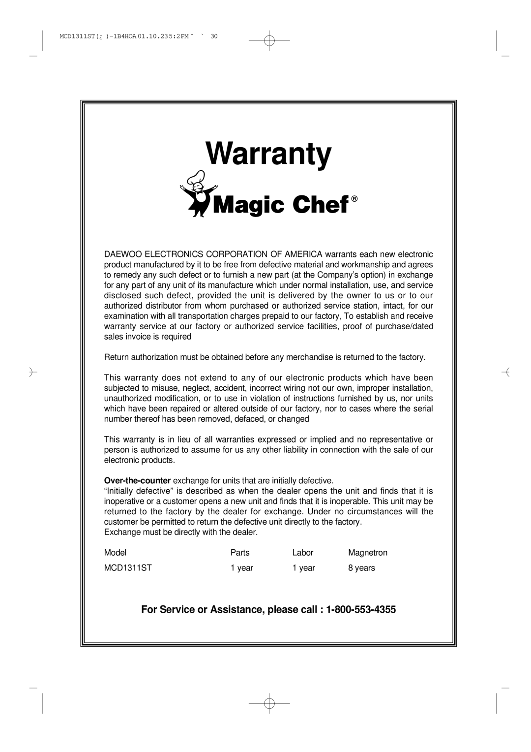 Magic Chef MCD1311ST manual Warranty, Year Years 