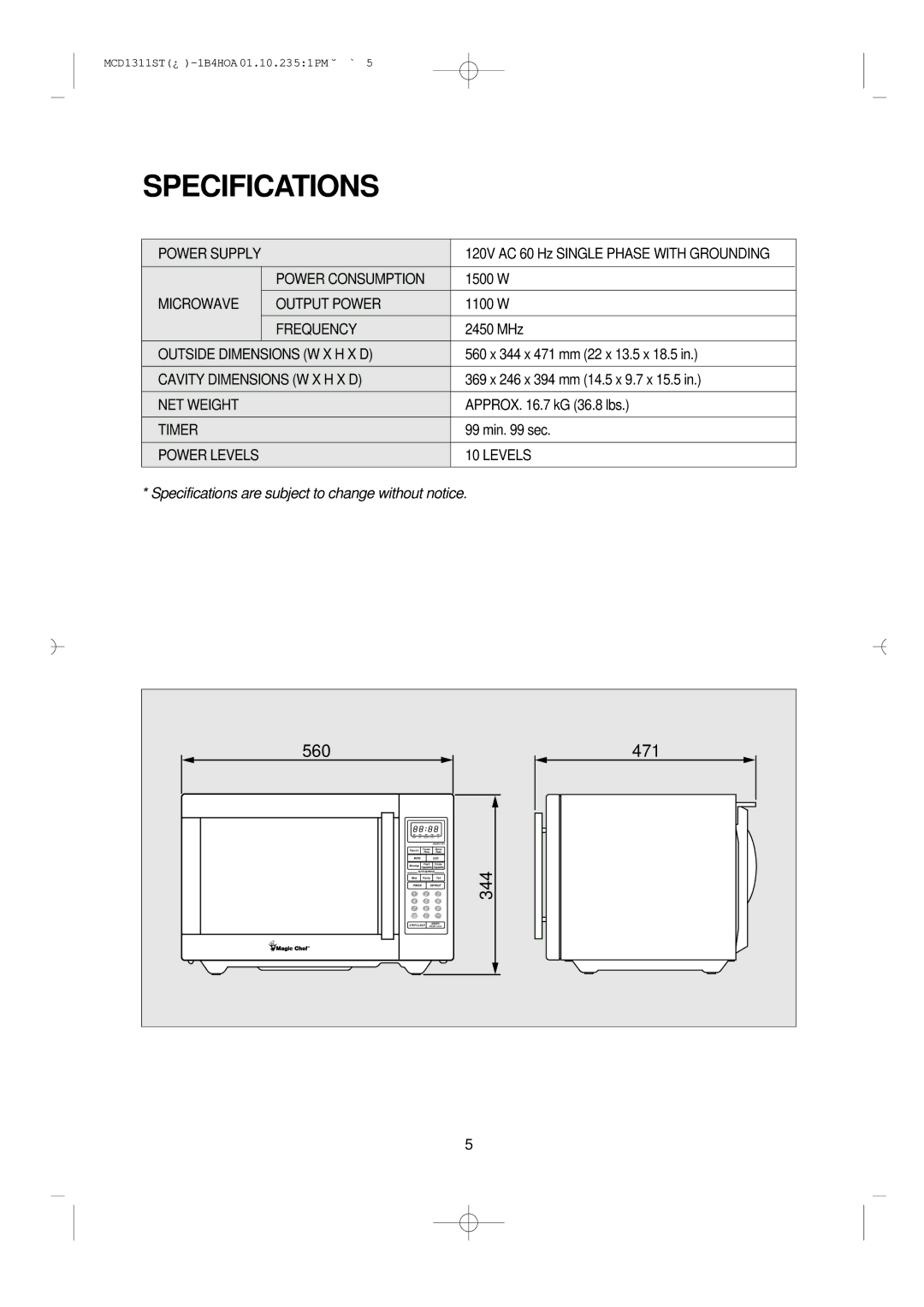 Magic Chef MCD1311ST manual Specifications 