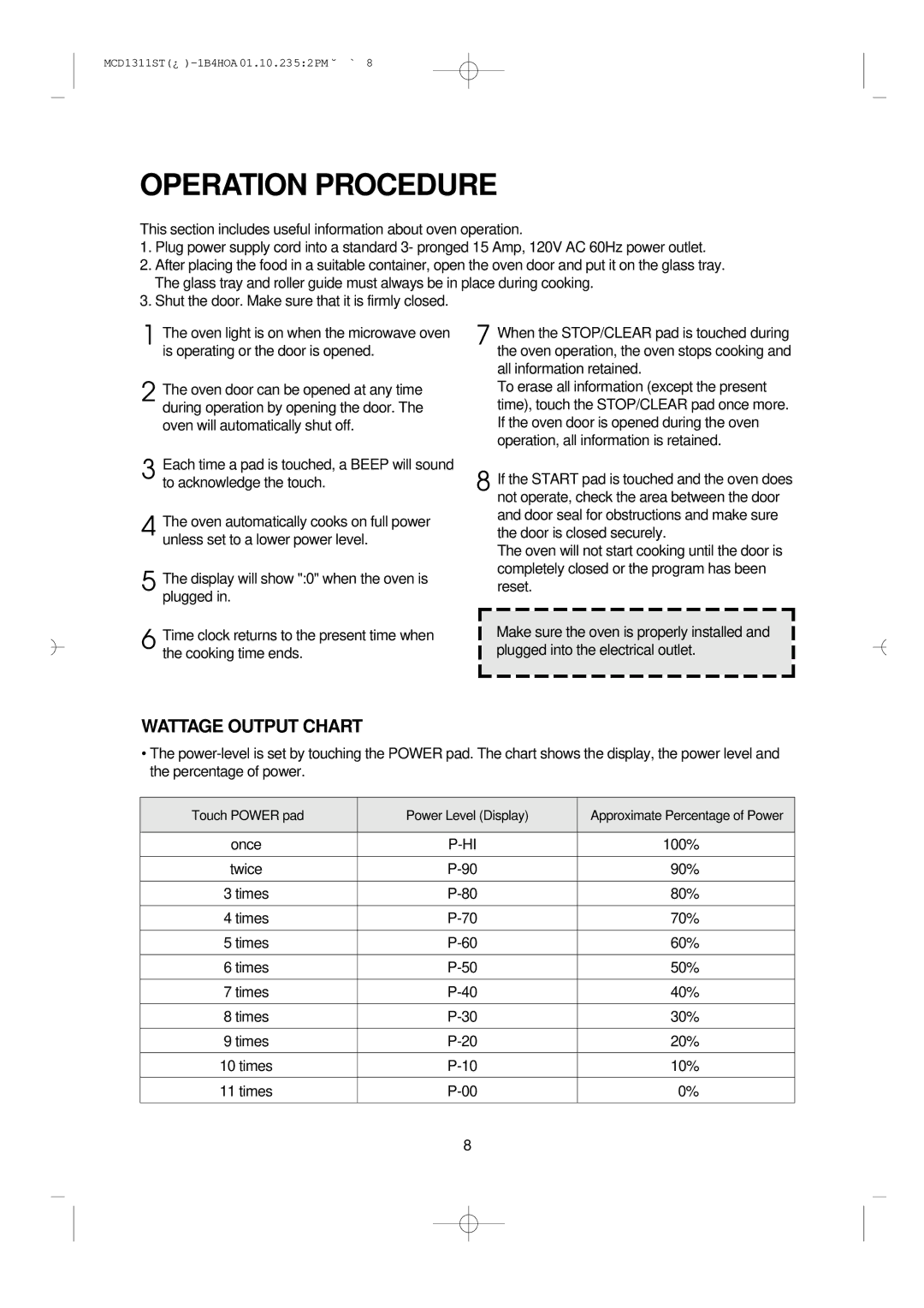 Magic Chef MCD1311ST manual Operation Procedure 