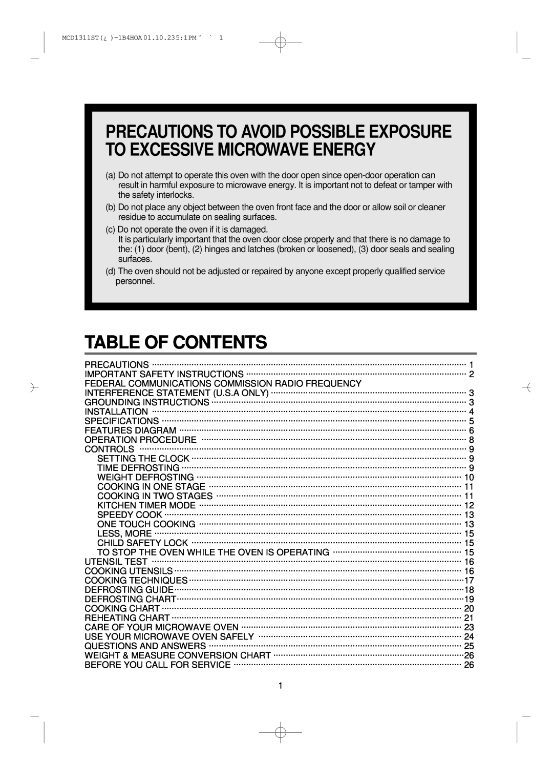 Magic Chef MCD1311ST manual Table Of Contents, Precautions To Avoid Possible Exposure To Excessive Microwave Energy 