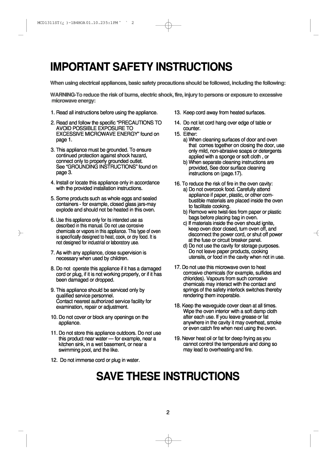 Magic Chef MCD1311ST manual Important Safety Instructions, Save These Instructions 