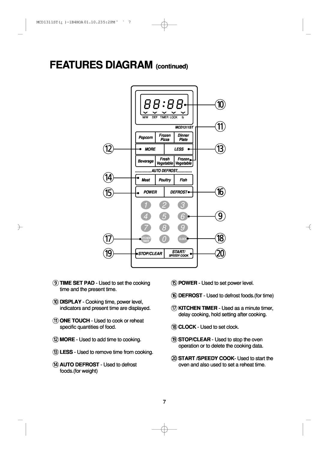 Magic Chef MCD1311ST manual FEATURES DIAGRAM continued, r AUTO DEFROST - Used to defrost foods.for weight, q e y 