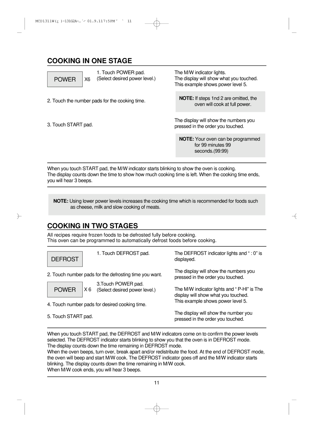 Magic Chef MCD1311W instruction manual Cooking in ONE Stage, Cooking in TWO Stages 