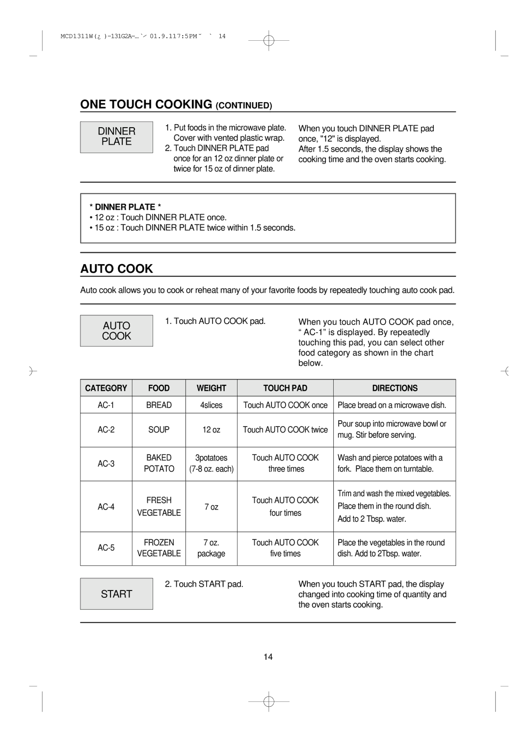Magic Chef MCD1311W instruction manual Auto Cook, Dinner Plate, Start 