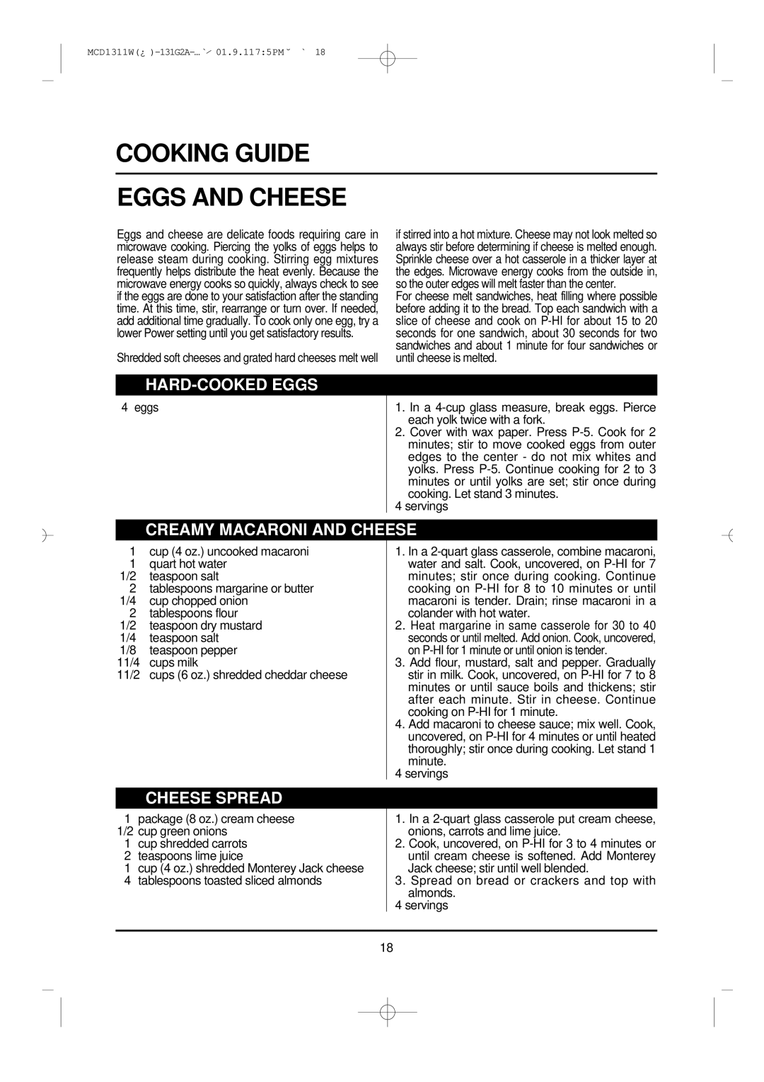 Magic Chef MCD1311W Cooking Guide Eggs and Cheese, HARD-COOKED Eggs, Creamy Macaroni and Cheese, Cheese Spread 