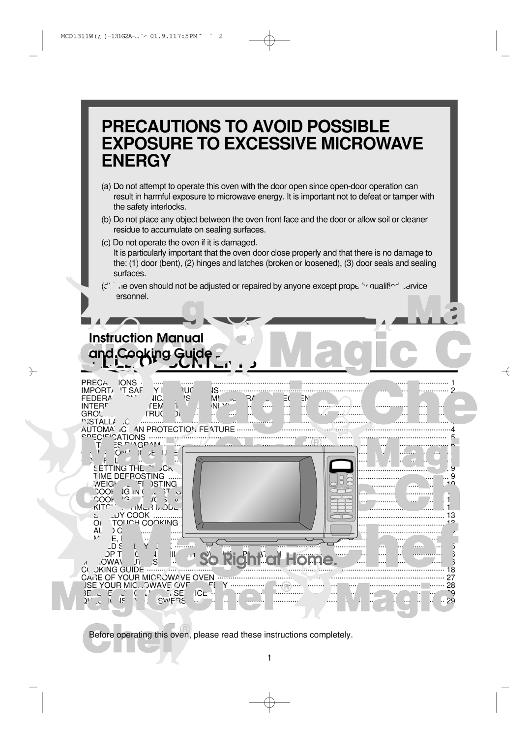 Magic Chef MCD1311W instruction manual Table of Contents 