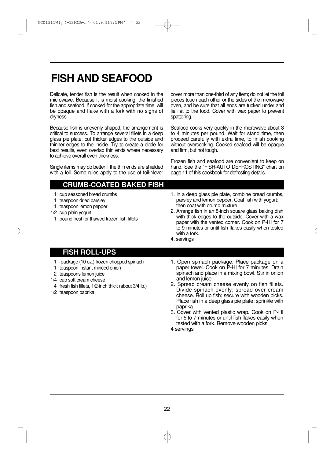 Magic Chef MCD1311W instruction manual Fish and Seafood, CRUMB-COATED Baked Fish, Fish ROLL-UPS 