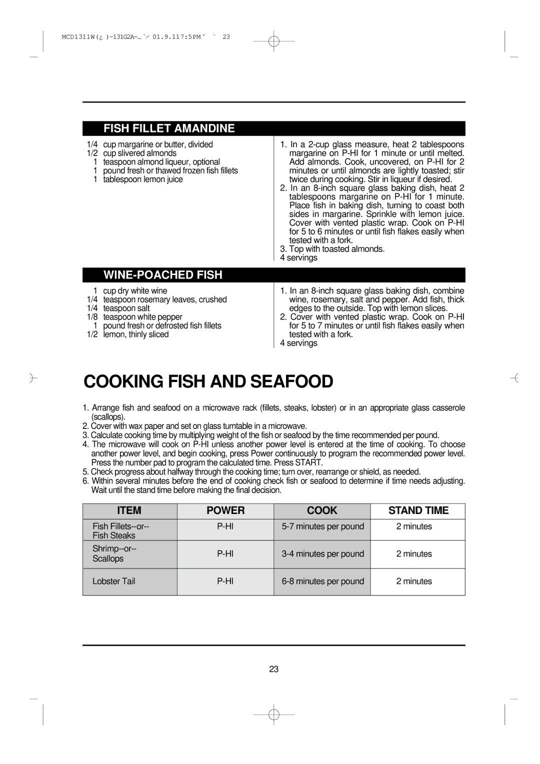 Magic Chef MCD1311W instruction manual Cooking Fish and Seafood, Fish Fillet Amandine, WINE-POACHED Fish 