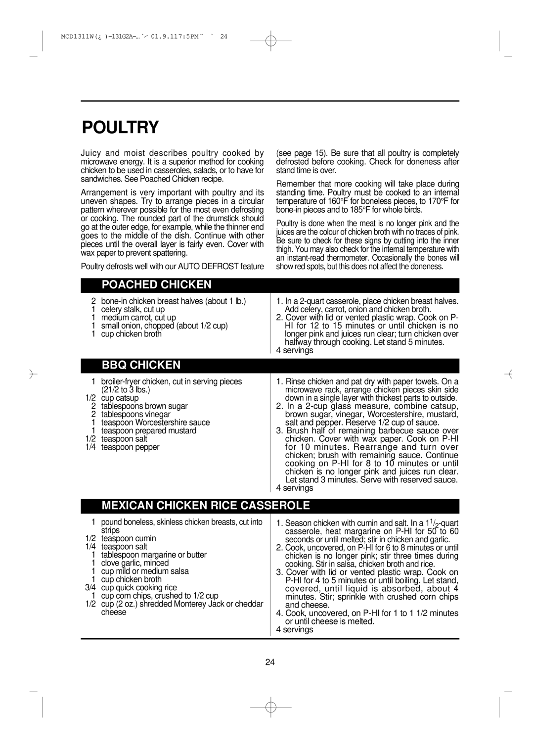 Magic Chef MCD1311W instruction manual Poultry, Poached Chicken, BBQ Chicken, Mexican Chicken Rice Casserole 