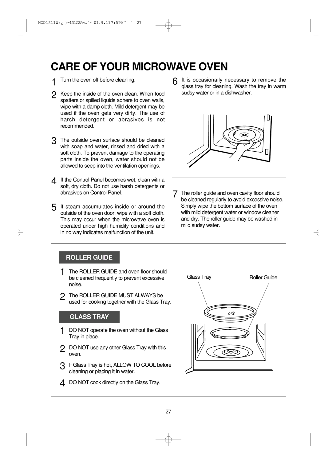 Magic Chef MCD1311W instruction manual Care of Your Microwave Oven, Roller Guide and oven floor should Glass Tray 