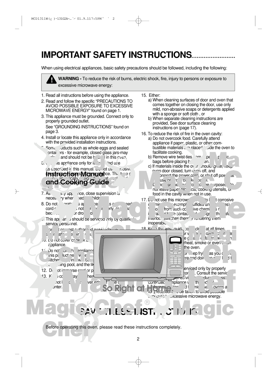 Magic Chef MCD1311W instruction manual Important Safety Instructions, Do not cover or block any openings on the appliance 