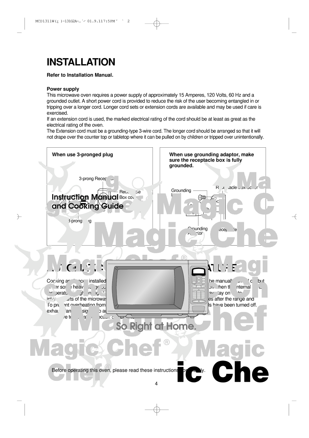 Magic Chef MCD1311W instruction manual Installation, Automatic FAN Protection Feature 