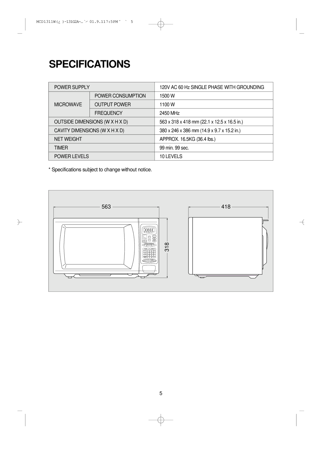 Magic Chef MCD1311W instruction manual Specifications 