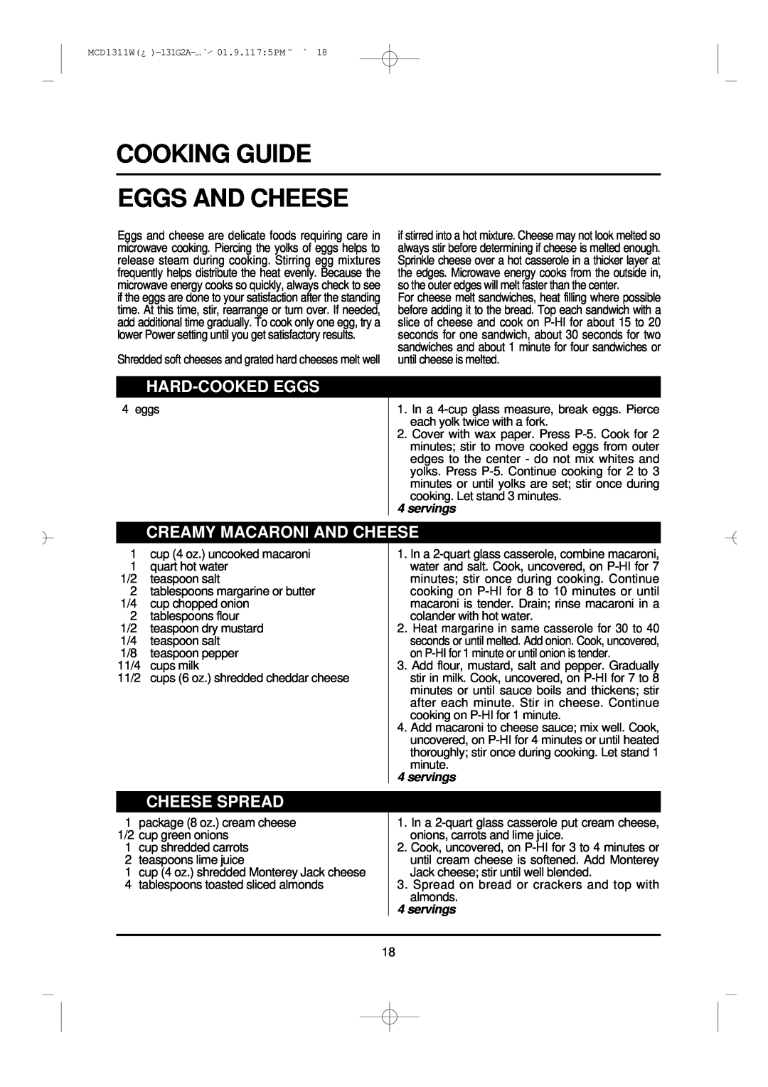 Magic Chef MCD1311W Cooking Guide Eggs And Cheese, Hard-Cookedeggs, Creamy Macaroni And Cheese, Cheese Spread, servings 