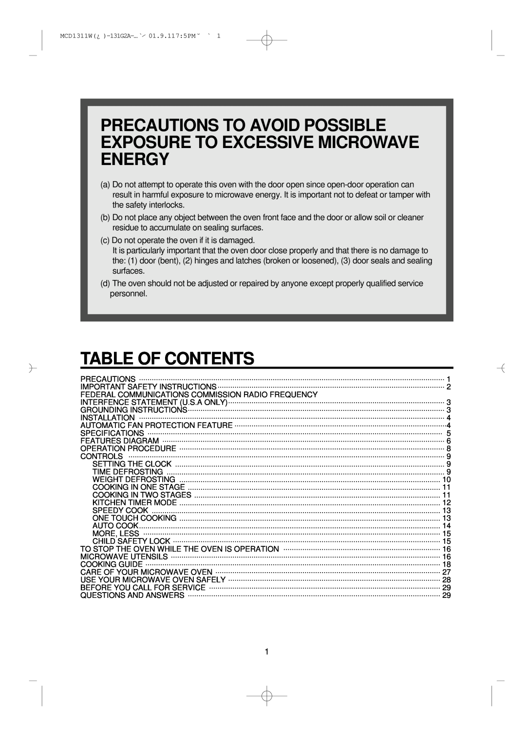 Magic Chef MCD1311W instruction manual Table Of Contents 