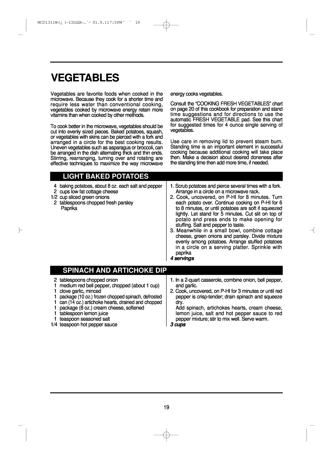 Magic Chef MCD1311W instruction manual Vegetables, Light Baked Potatoes, Spinach And Artichoke Dip, cups, servings 
