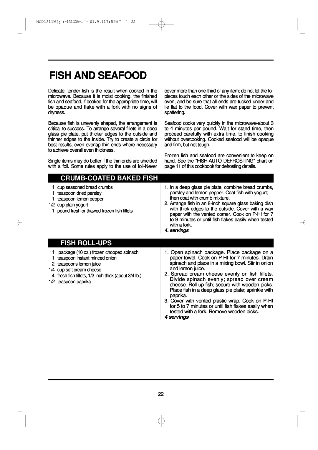 Magic Chef MCD1311W instruction manual Fish And Seafood, Crumb-Coatedbaked Fish, Fish Roll-Ups, servings 